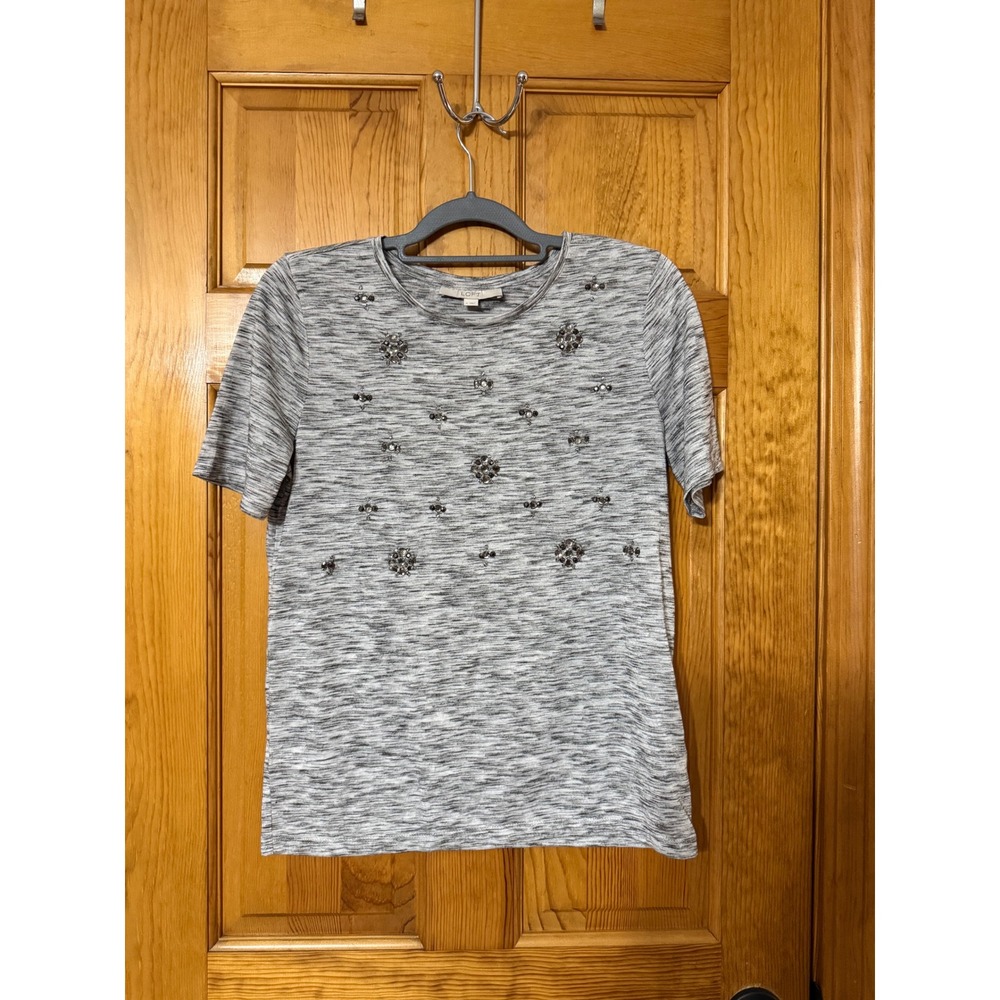 LOFT Women's Grey Marled Short Sleeve Beaded Embellished T Shirt Size M